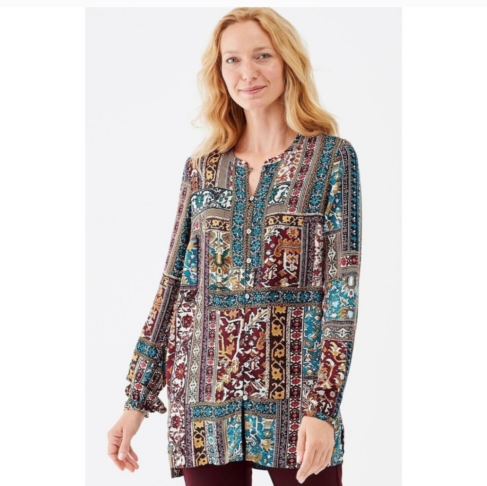 J. Jill Multicolor Rayon Patchwork Eclectic Tunic Shirt Top Long Sleeve Size S